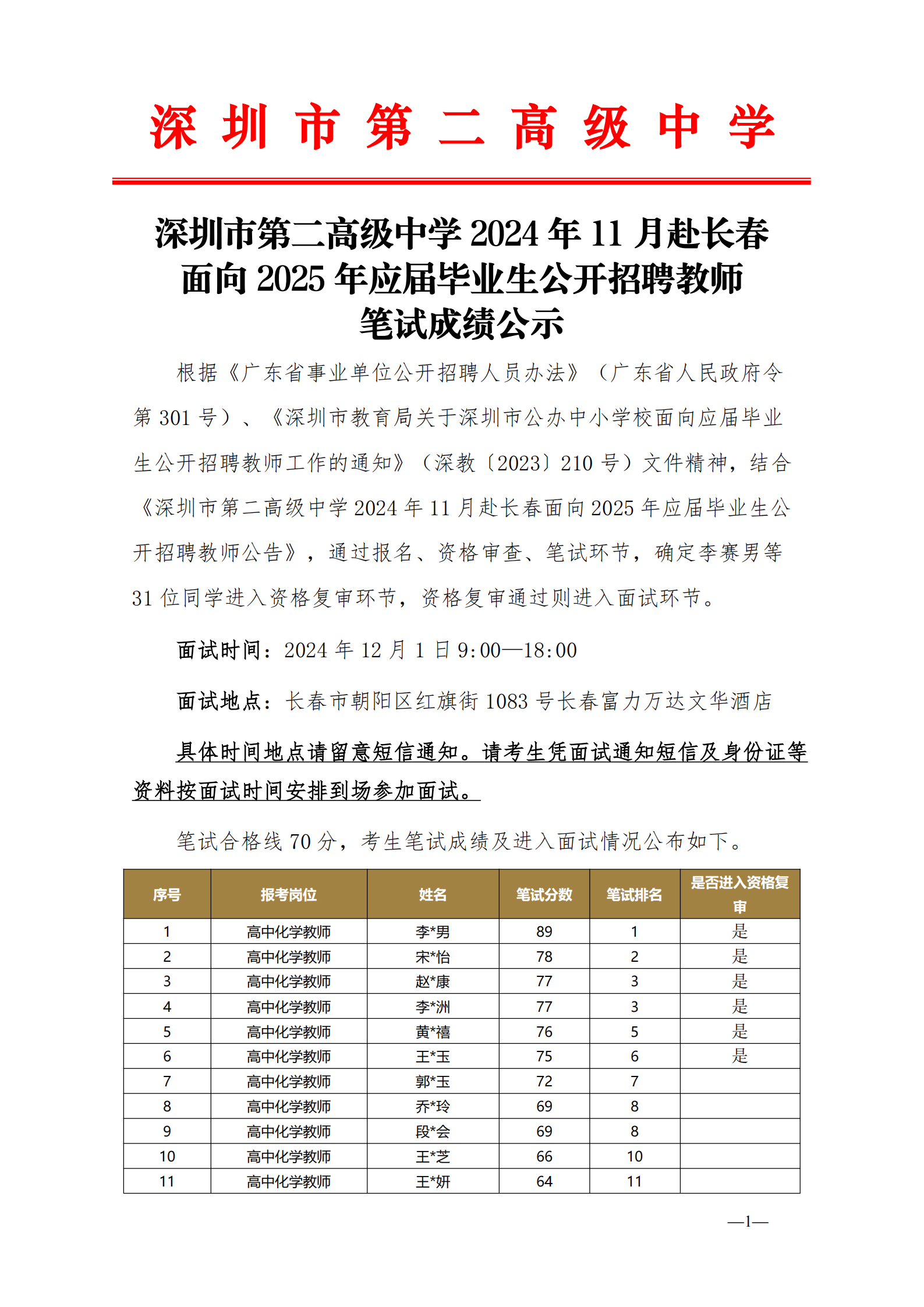 深圳市第二高级中学2024年11月赴长春面向2025年应届毕业生公开招聘教师 笔试成绩 公告2024.11.24_00.png